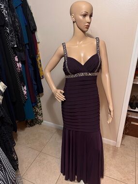 Betsy & Adam Deep Plum Beaded-Strap Evening Gown